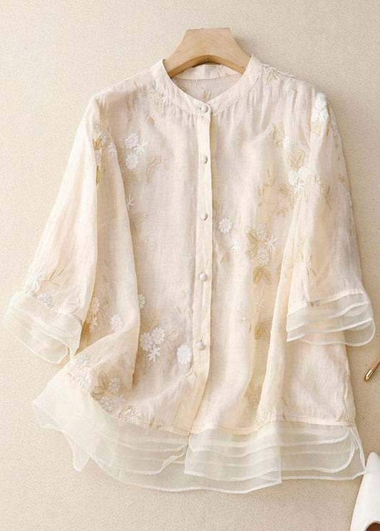 Nika™ – Elegant Broderad Blus i Bomull och Linne