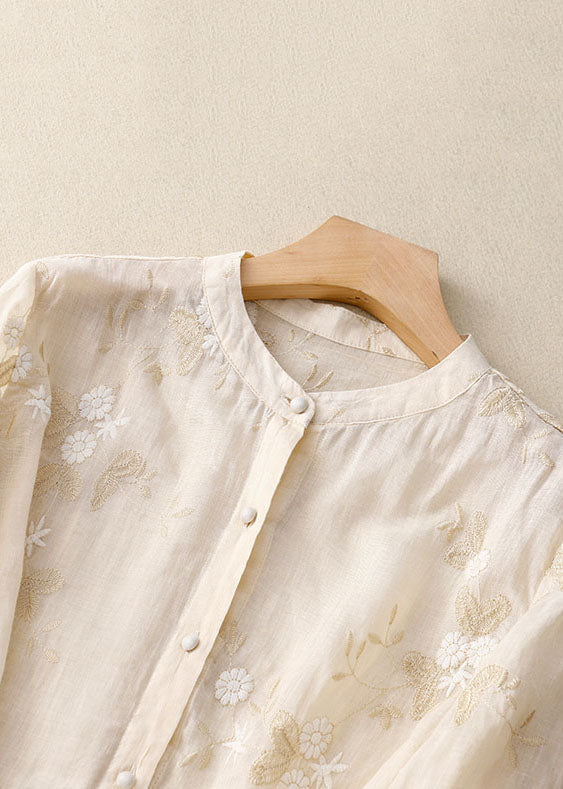 Nika™ – Elegant Broderad Blus i Bomull och Linne