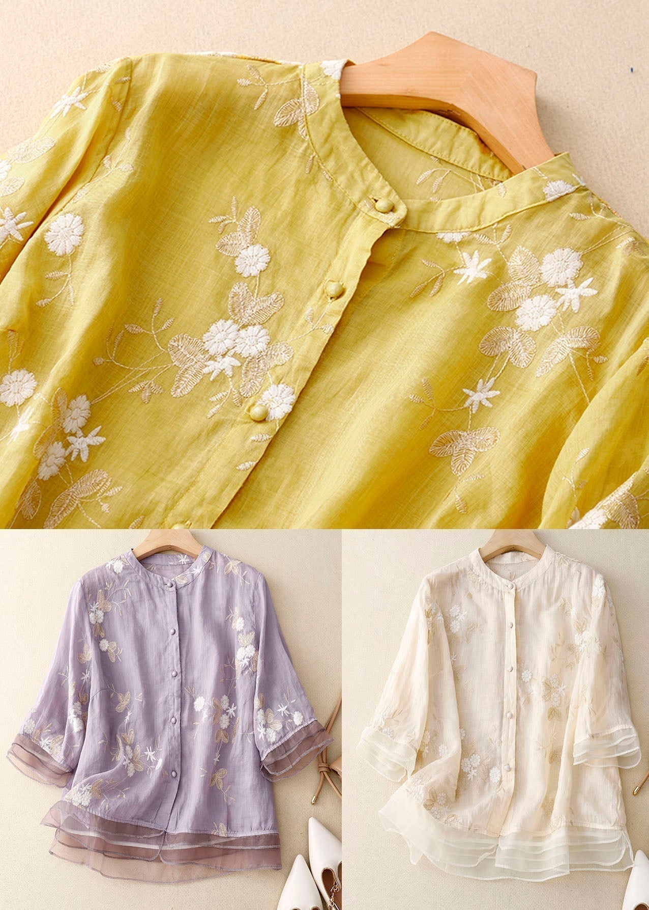 Nika™ – Elegant Broderad Blus i Bomull och Linne