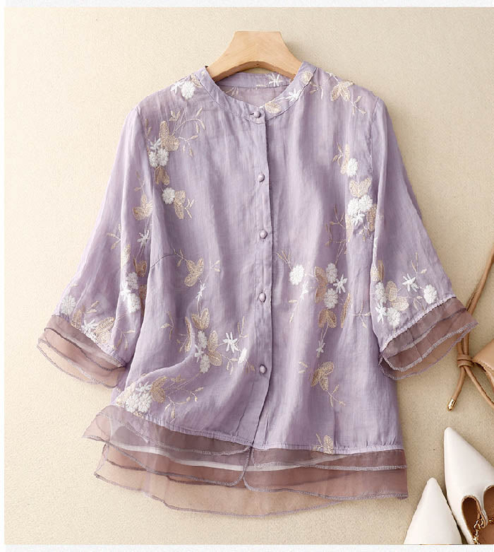 Nika™ – Elegant Broderad Blus i Bomull och Linne