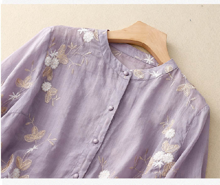 Nika™ – Elegant Broderad Blus i Bomull och Linne