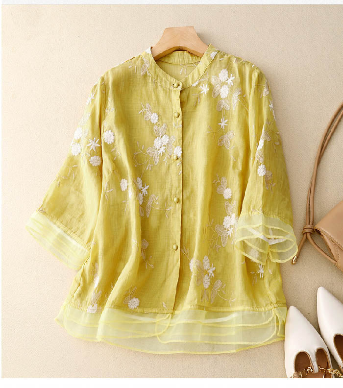 Nika™ – Elegant Broderad Blus i Bomull och Linne