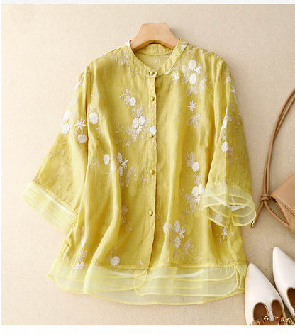 Nika™ – Elegant Broderad Blus i Bomull och Linne