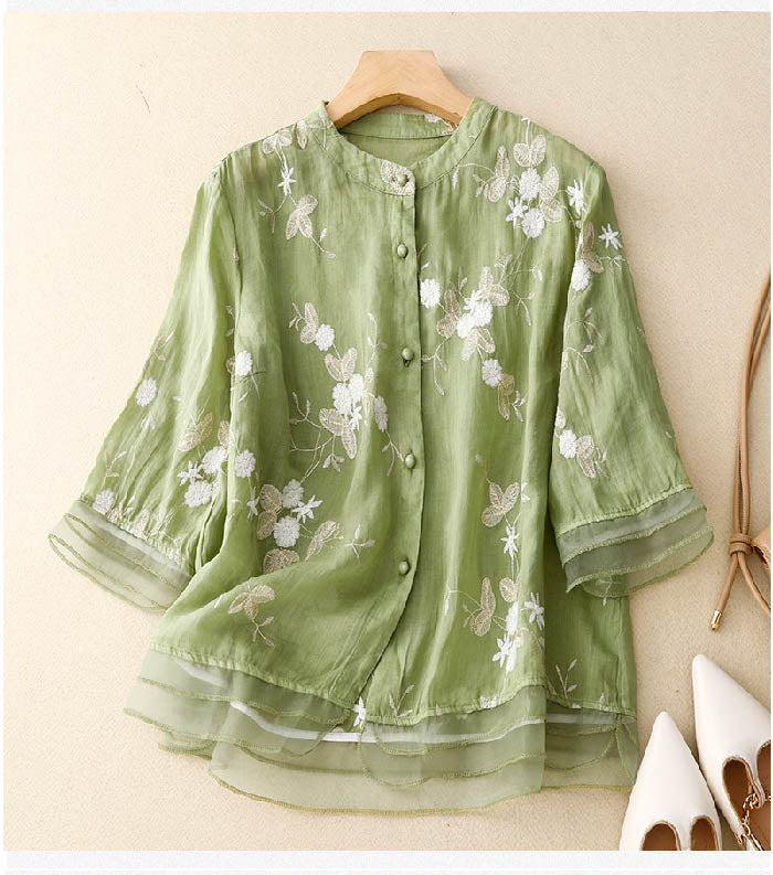 Nika™ – Elegant Broderad Blus i Bomull och Linne